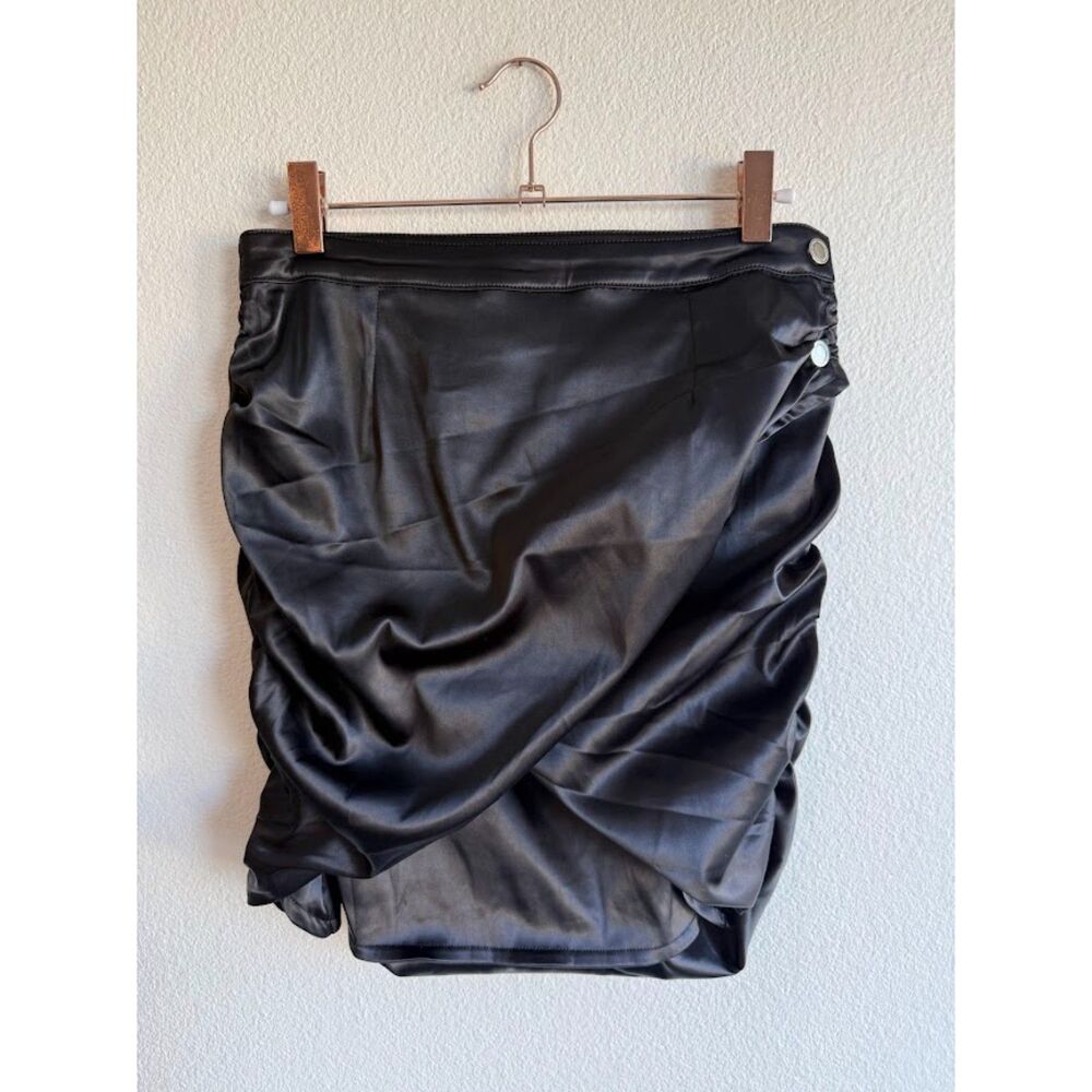 Maniere De Voir Black Satin Ruched Wrap Mini Skirt in Black & Silver size 6 UK10